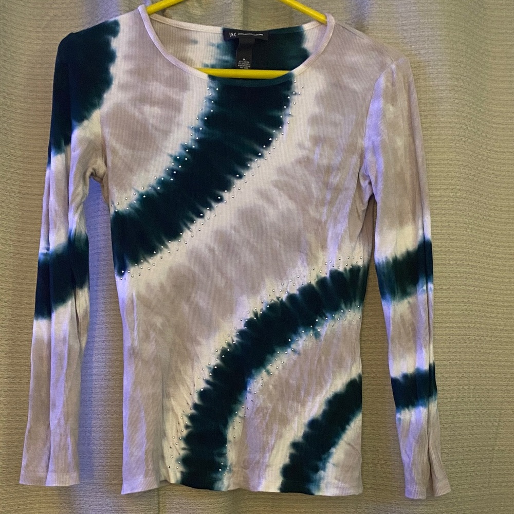 INC International Concepts Tie-Dye Blouse - Green and Cream